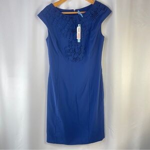 NEW ANTONIO MELANI Blue Floral Cutwork Shift Knee Length Dress Size 8